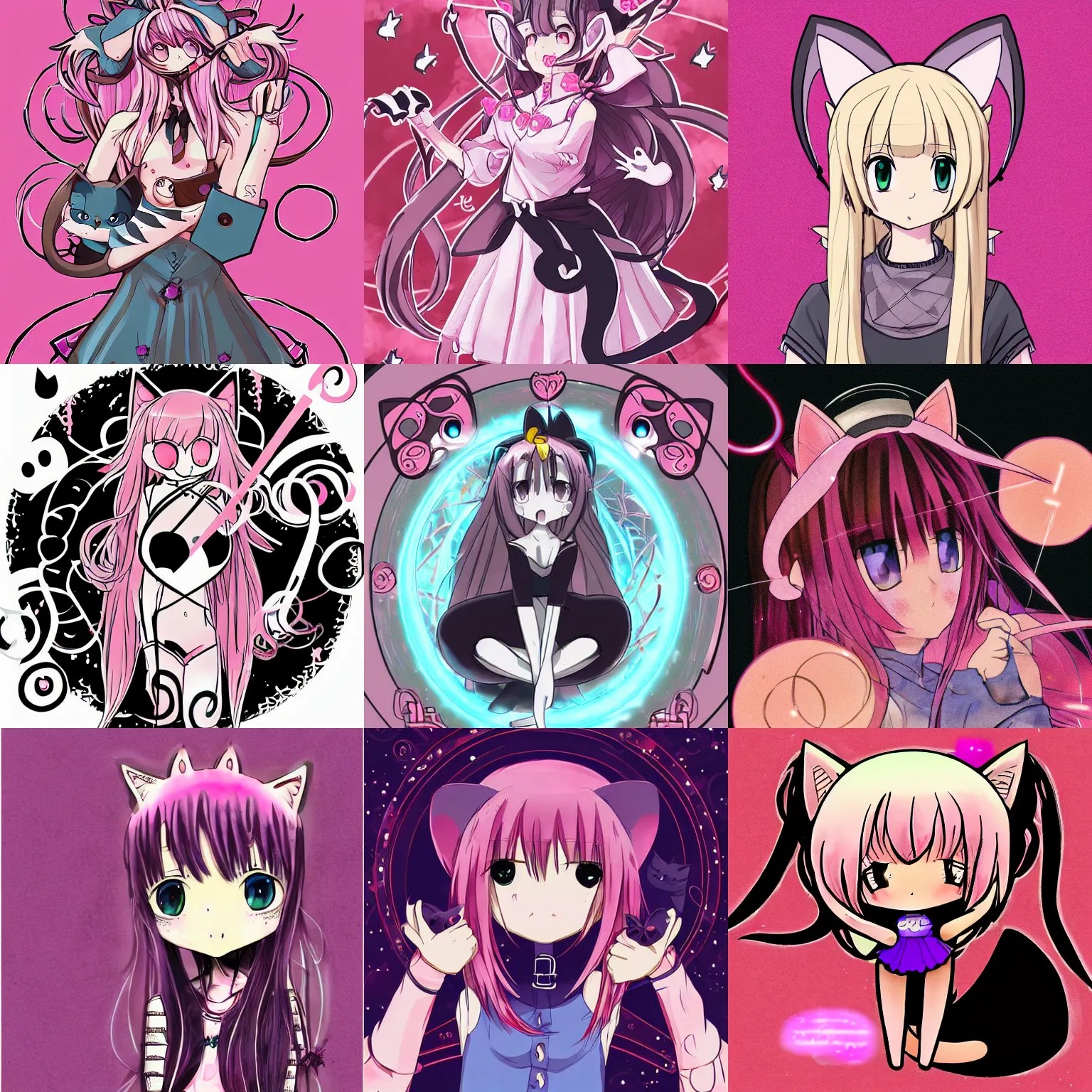 Prompt: card art of anime (cat) girl girl with cat ears drawing magic circles. Pink hue.