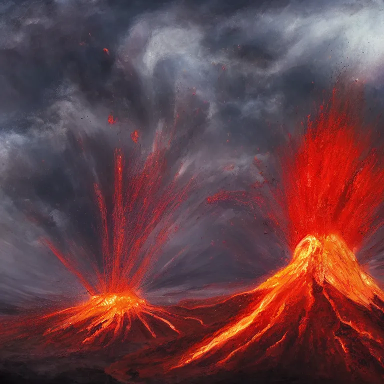 Image similar to a painting of a volcanic eruption from which come out flowers and stars exotic plants, all this happens in some kind of fantasy world, almost like in the sky or all in the amazing outdoors view, long exposure, 8 k resolution, trending on artstation