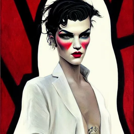 Image similar to stunning portrait of androgynous ruby rose as desire from sandman in a white tuxedo!!!, rockabilly style, by frank moth, by alphonse mucha, by jeremy mann, by peter lindbergh, dave mckean, white suit and black tie, soft lightning, high detailed, 8 k