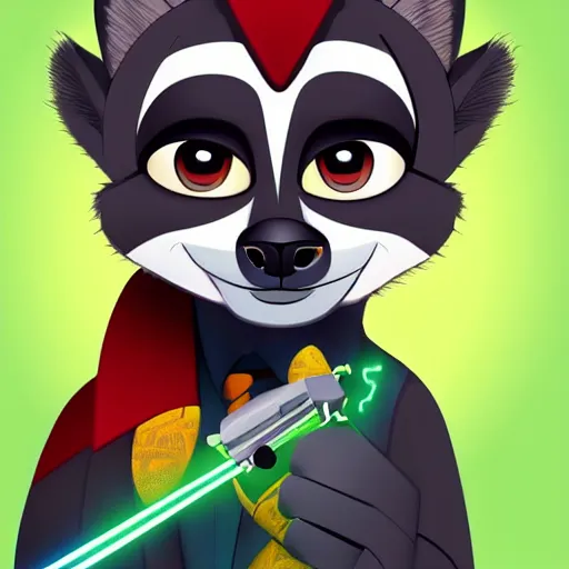 Image similar to “ logo of a lemur in the style of zootopia holding laser gun, with a black background, digital art, award winning, trending on art station, retro style ”