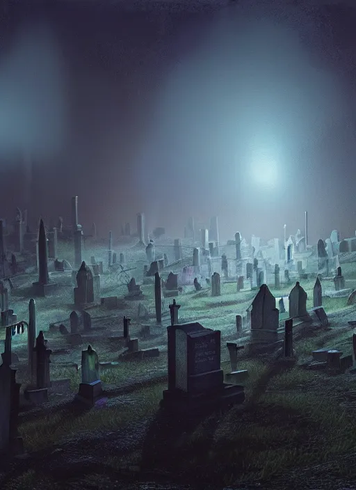 Image similar to hyperrealistic mixed media painting of glowing will-o-wisps in a dark cemetary, stunning 3d render inspired art by P. Craig Russell and Barry Windsor-Smith + dim volumetric lighting, foggy, abstract, 8k octane beautifully detailed render, post-processing, extremely hyperdetailed, intricate, epic composition, grim yet sparkling atmosphere, cinematic lighting + masterpiece, trending on artstation, very very detailed