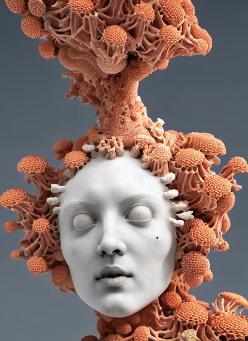 Image similar to portrait of an absurdly beautiful marble statue made of biomechanical corals, daisies, well contoured smooth fair walls, carrying a bottle of perfume, up close shot, sharp focus, global illumination, radiant light, alexandre ferra white mecha, irakli nadar, octane highly render, 4 k, ultra hd,