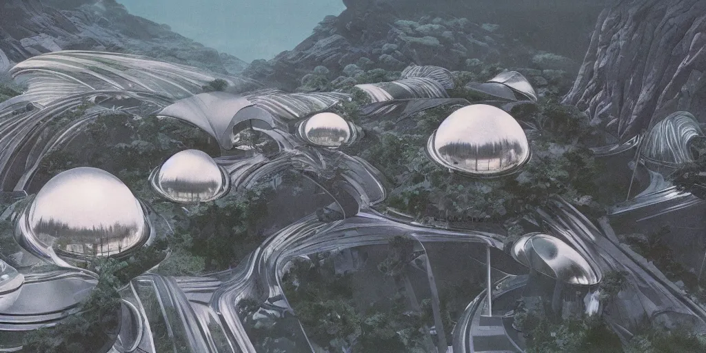 Image similar to a twirly futuristic architecture made of chrome right in the middle of a huge crater in a tropical forest, ralph maquarrie and syd mead cinematic matte painting, 4 k