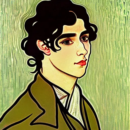 Prompt: painting of young handsome beautiful dark medium wavy hair covering ears man in his 2 0 s named shadow taehyung at the cucumber and banana soup party, elegant, clear, painting, stylized, delicate, soft facial features, art, art by alphonse mucha, vincent van gogh, egon schiele