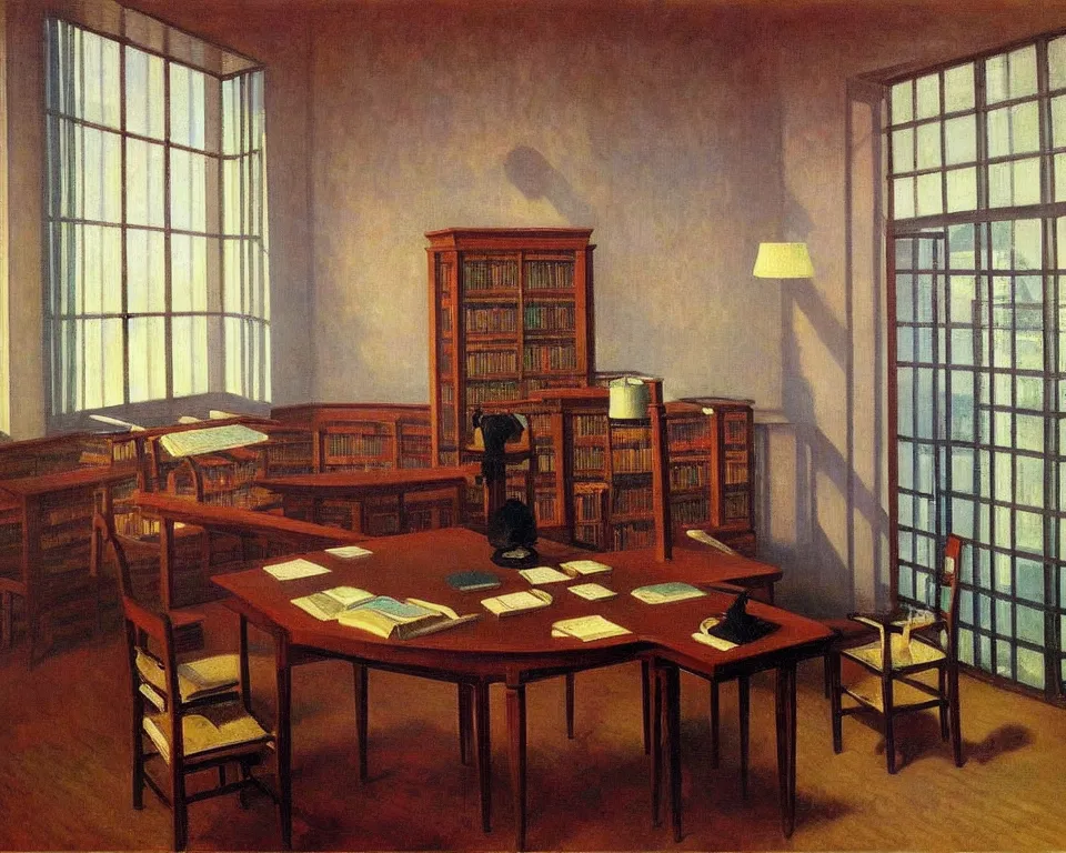 Prompt: achingly beautiful painting of a sophisticated, well - decorated, modern library by rene magritte, monet, and turner. whimsical.