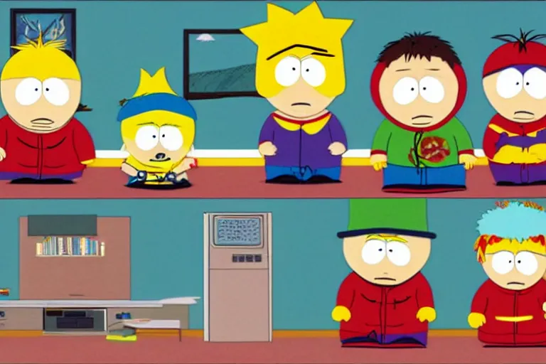 Image similar to south park kids as simpson character, pack shot, tv frame, house in background,