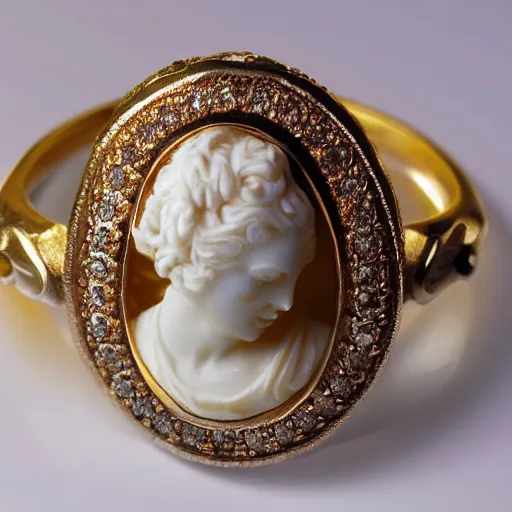 Prompt: complex golden ring with cameo and gems on the female model hand eith bust, 8k, details, architect plan