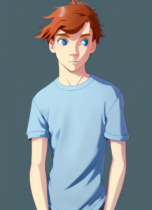 Image similar to portrait of a teen boy with completely straight auburn hair, light blue eyes, pale skin, freckles, sad expression, t - shirt, modern casual clothing, natural lighting, path traced, highly detailed, high quality, cartoon, digital painting, by don bluth and ross tran and studio ghibli