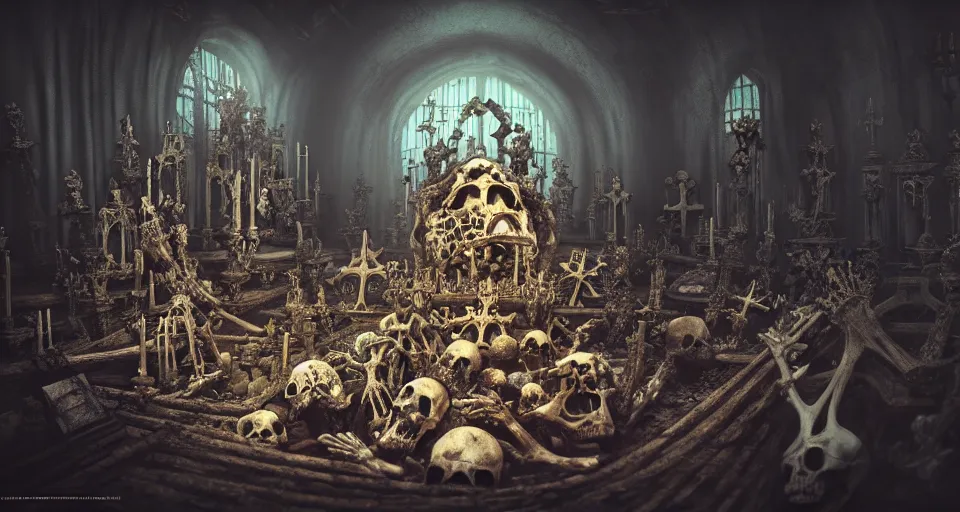 Image similar to full color, low ultrawide interior shot of sedlec ossuary, bones, anime style mixed with fujifilm, dark, foggy, atmospheric, artstation, cgsociety, octane render, cgi, denoise, detailed, cinematic masterpiece