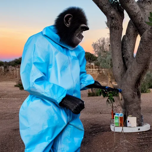 Image similar to a chimpanzee dressed in a chemical protection suit is injecting a olive tree with blue liquid, syringes, toxic, monkey face, scientific field trial, in puglia italy, sunset, beautiful lighting, chemical equipment, photograph, canon eos, f 8, iso 4 0 0, photography