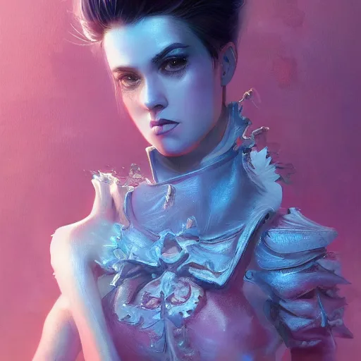 Image similar to portrait of a young woman with short pink spiky hair and dark eyes, intricate, elegant, highly detailed, digital painting, artstation, concept art, sharp focus, illustration, art by aleksi briclot, rutkowski