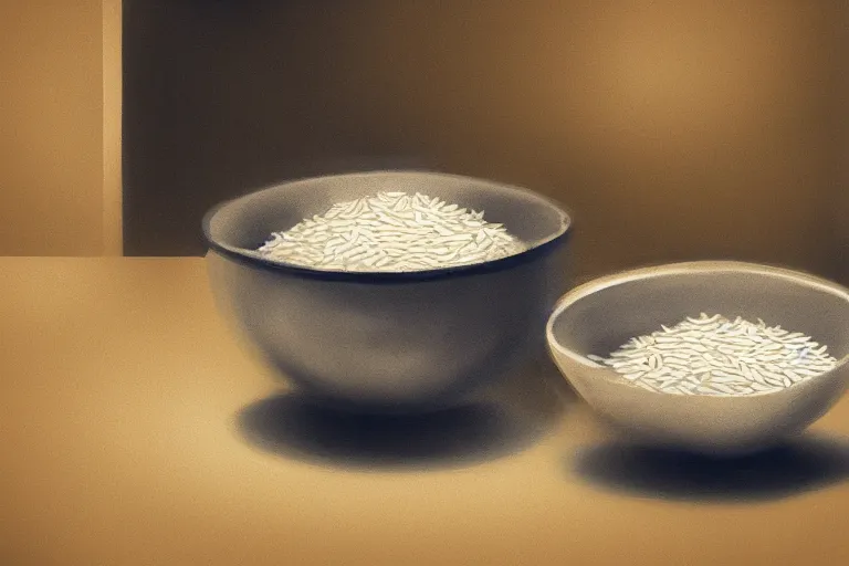 Prompt: an empty bowl with a few rice grains and broken chinese chopsticks, on a dirty table in poor apartments, running rat, dark atmosphere, digital art, trending on artstation