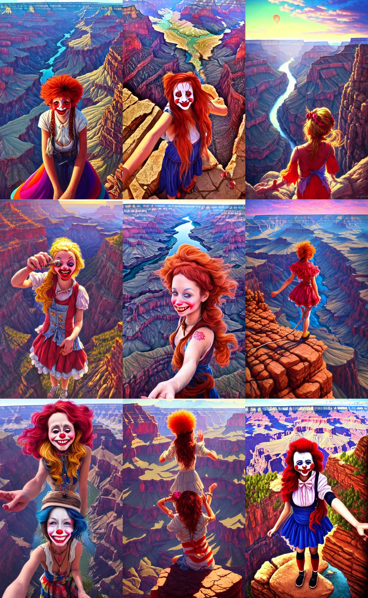 Prompt: high angle selfie of cute hobo clown girl at the rim of the grand, view looking down in into grand canyon in background, magic realism, fantasy, whimsical, art by randy vargas, art by artgerm, art by alex garner, art by anato finnstark intricately detailed, highly detailed, trending on artstation