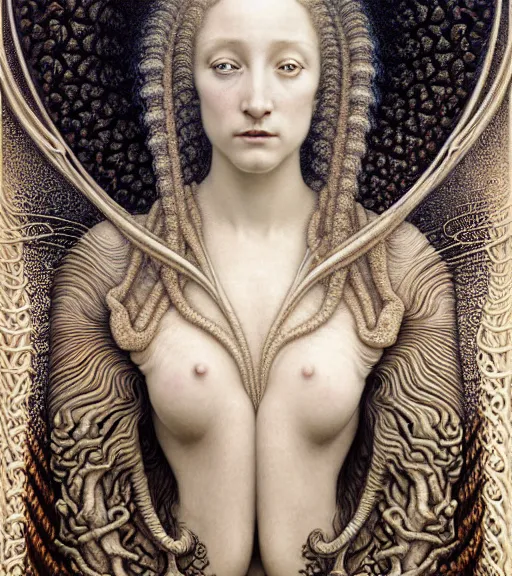 Prompt: detailed realistic beautiful goddess face portrait by jean delville, gustave dore, iris van herpen and marco mazzoni, art forms of nature by ernst haeckel, art nouveau, symbolist, visionary, gothic, neo - gothic, pre - raphaelite, fractal lace, intricate alien botanicals, ai biodiversity, surreality, hyperdetailed ultrasharp octane render