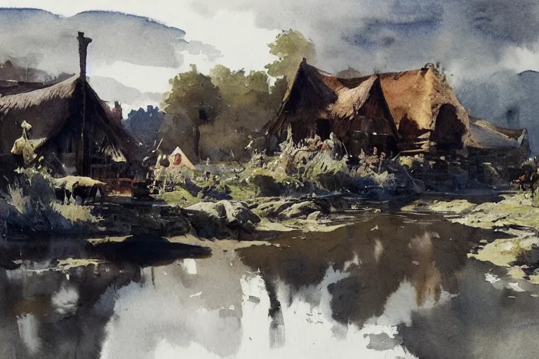 Image similar to abstract watercolor painting of hedonic scandinavian king house, in stone, straw roof, war lord, magical and traditional, reflective river, crisp daylight, midday, cinematic light, national romanticism by anders zorn, by greg rutkowski, by greg manchess