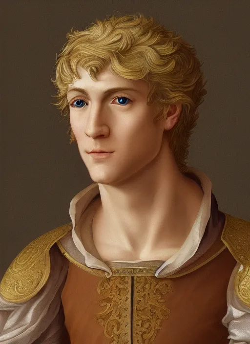 Image similar to portrait of a blond handsome man in renaissance style, anime inspired, High Res 8K,hyperdetailed