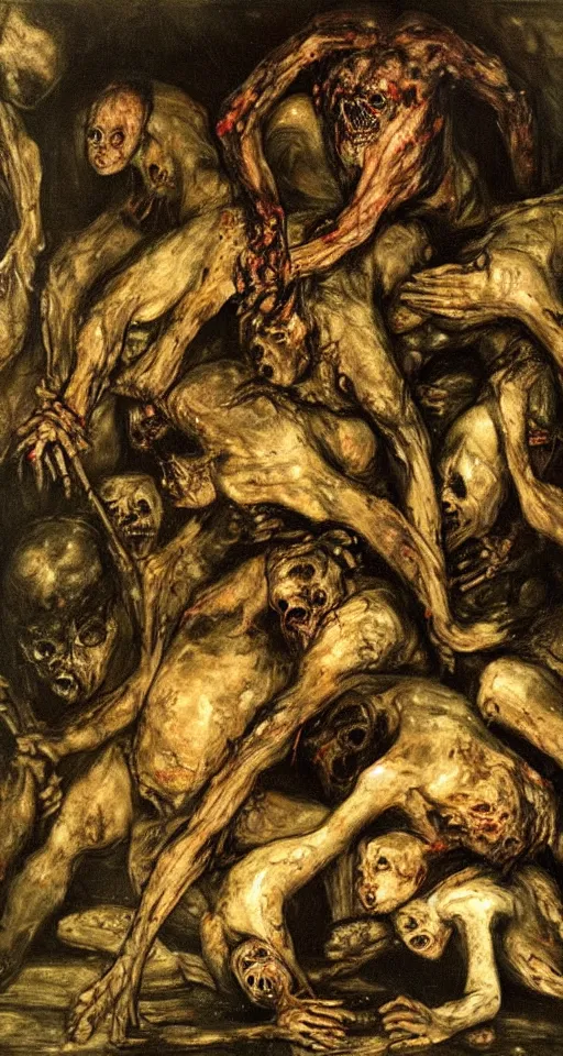 Prompt: mansion house of hungry cannibals tearing each other apart, covered in blood and black tattered clothing, standing on piles of limbs, hyperrealistic, horror, gothic, lovecraftian, 4 k, realistic, high detail, gruesome, by francisco goya