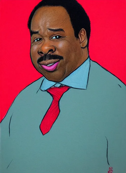 Image similar to ( ( ( caricature of leslie david baker as stanley hudson of the office television series ) ) ) pastels, head to waist, light coming from the right side, red background,