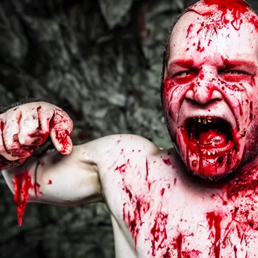 Image similar to big butcher man posing scarily, scary angry pose, covered in blood, fresh kill, cleaver, earie setting, in a cave, horror, hyperdetailed