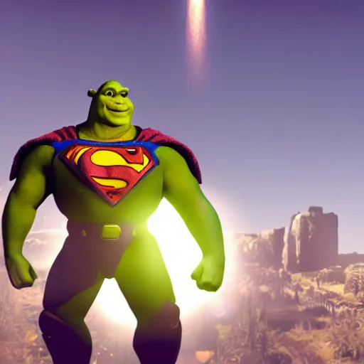 Image similar to shrek as superman in halo 5, splash art, movie still, cinematic lighting, dramatic, octane render, long lens, shallow depth of field, bokeh, anamorphic lens flare, 8 k, hyper detailed, 3 5 mm film grain