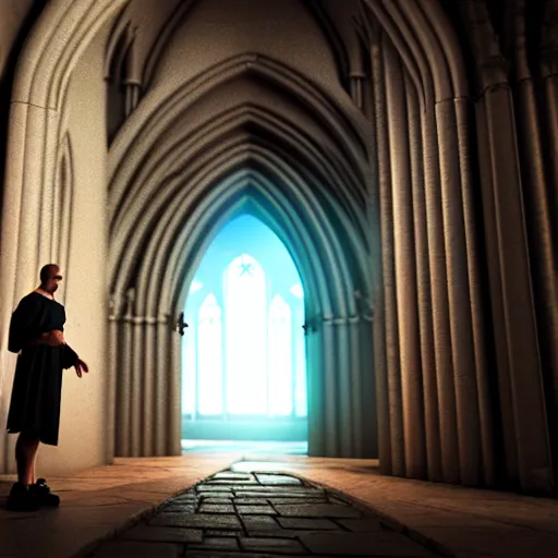 Prompt: a wizard standing in front of a portal opening up inside a cathedral. fantasy. octane render.