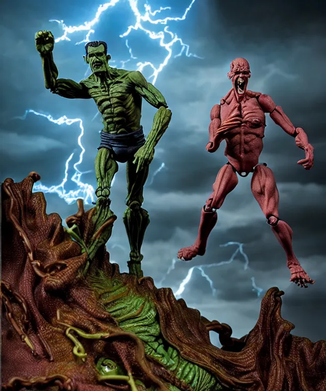 Image similar to hyperrealistic rendering, epic boss battle, frankenstein, by art of skinner and richard corben, product photography, collectible action figure, sofubi, hottoys, storm clouds, outside, lightning