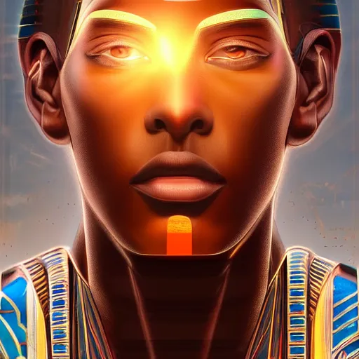 Prompt: symmetry!! solid cube of light, hard edges, product render retro - futuristic poster scifi, lasers and circuits, brown skin prince, egyptian pharaoh, intricate, elegant, highly detailed, digital painting, artstation, concept art, smooth, sharp focus, illustration, dreamlike, art by artgerm