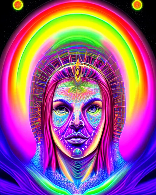 Prompt: epic scale cinematic symmetrical chromaticity dmt goddess alex grey character concept of a beautiful colorful crystals powder liquids, glowing fluorescent velvet neon blacklight hues and saturation, sacred dmt color entity visionary fantasy art by alex grey android jones artstation max chroma rule of thirds golden ratio sacred geometry ai generated art centered symmetrical symmetry
