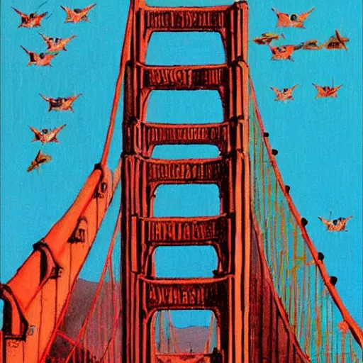 Image similar to a swarm of rabid rats invading the golden gate bridge by basil gogos