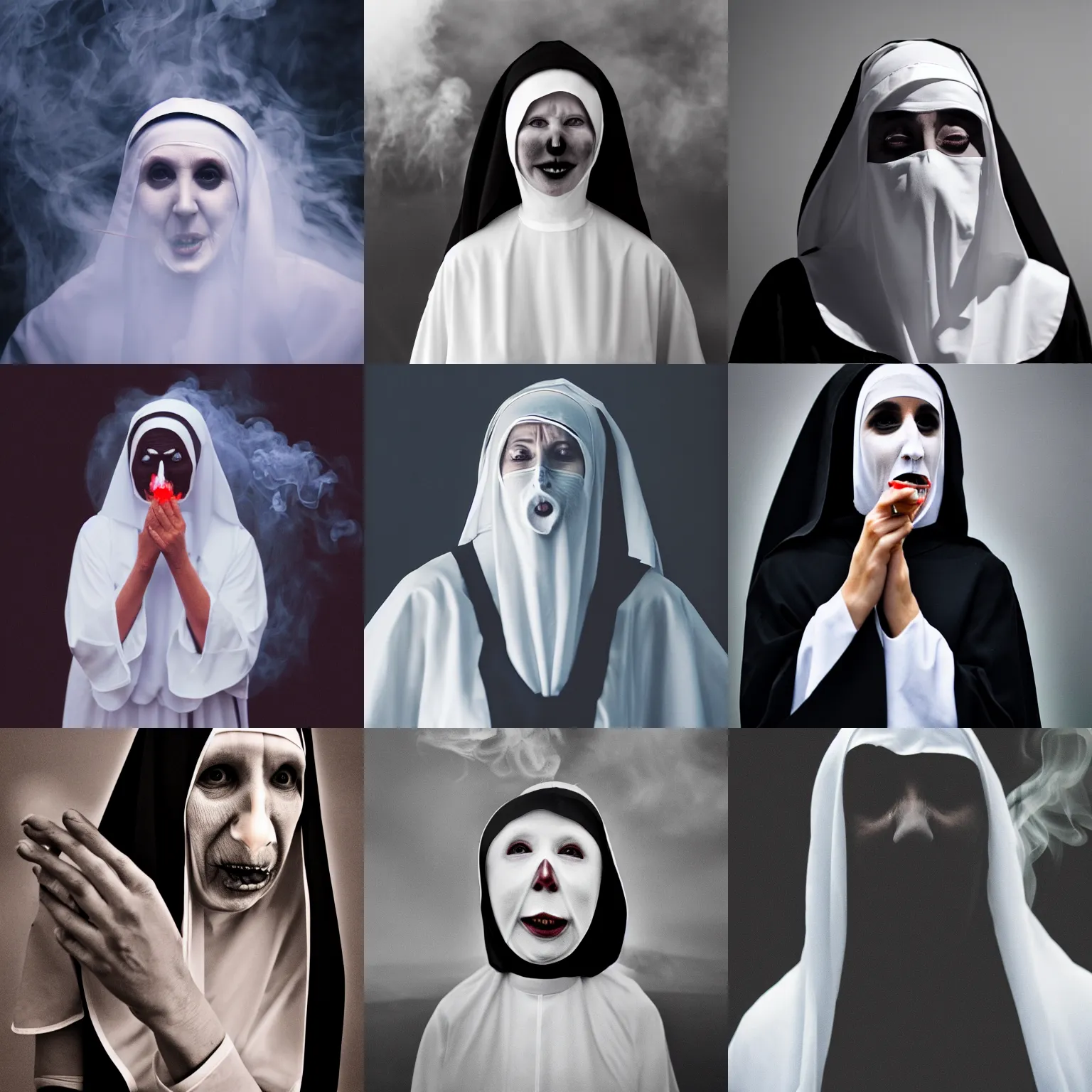Prompt: scary nun with no face in full pose, smoke, stormy, wide shot, hyper realistic, 3 5 mm photography