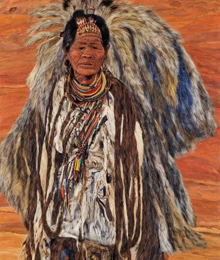 Image similar to full body shot picture of indigenous people woman leader in desert, painted by lucian freud, hd, super detailed, realistic, muted colors