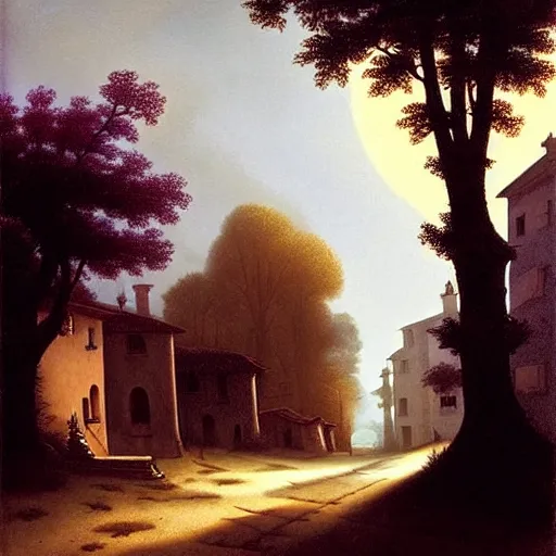 Prompt: in the style of gerald brom, caravaggio, beautiful small town, houses and buildings, 1 8 0 0 s, cobblestone roads, low light, purple and blue skies, low moon, trees, forest in the distance, light mist