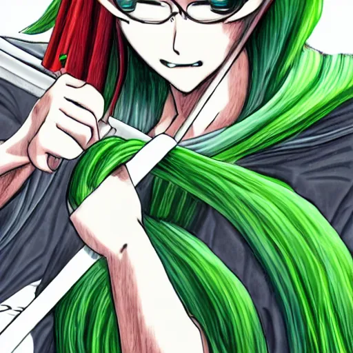 Prompt: fencer, anime style, green hair, dark, animation, detailed, illustration, eiichiro oda,