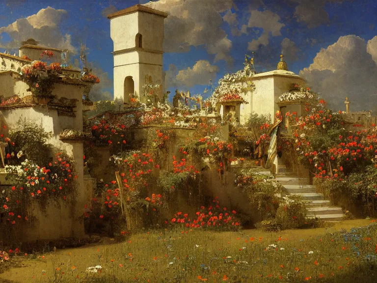 Image similar to an oil painting of a pattern maural of flowers and shrines by beksinski carl spitzweg and tuomas korpi. baroque elements, full-length view. baroque element. intricate artwork by caravaggio. Trending on artstation. 8k