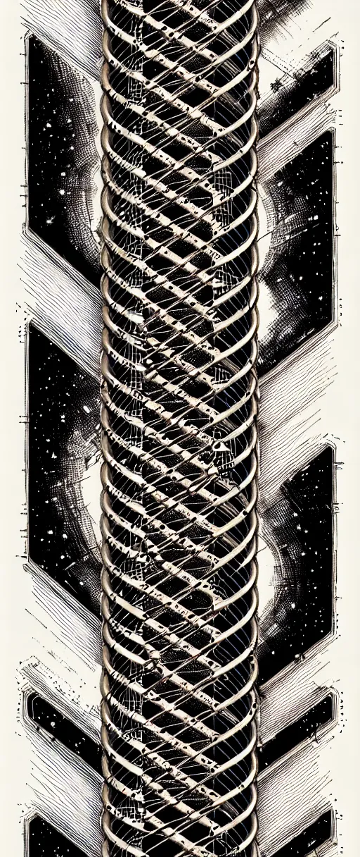 Image similar to a double helix dna cyberpunk steampunk etched pillar, high details, bold line art, by vincent di fate and joe fenton, inking, screen print, masterpiece, trending on artstation, sharp, high contrast, hyper - detailed,, hd, 4 k, 8 k