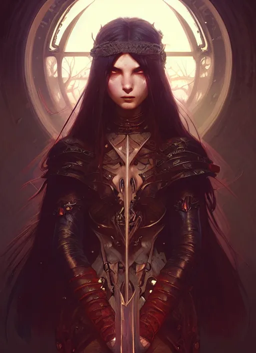 Image similar to Necromant warrior, fantasy magic, undercut hairstyle, dark light night, intricate, elegant, sharp focus, illustration, highly detailed, digital painting, concept art, matte, art by WLOP and Artgerm and Greg Rutkowski and Alphonse Mucha, masterpiece