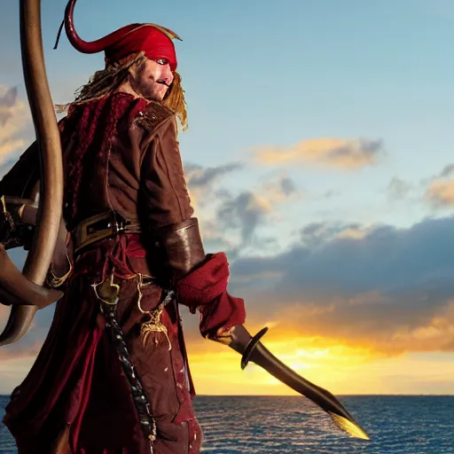 Prompt: a red - skinned horned male tiefling pirate, dungeons and dragons, wearing a pirate coat with shiny gold buckles and a rapier on his hip, standing at the prow of his ship looking out over the water, uhd, high detail, sunset lighting