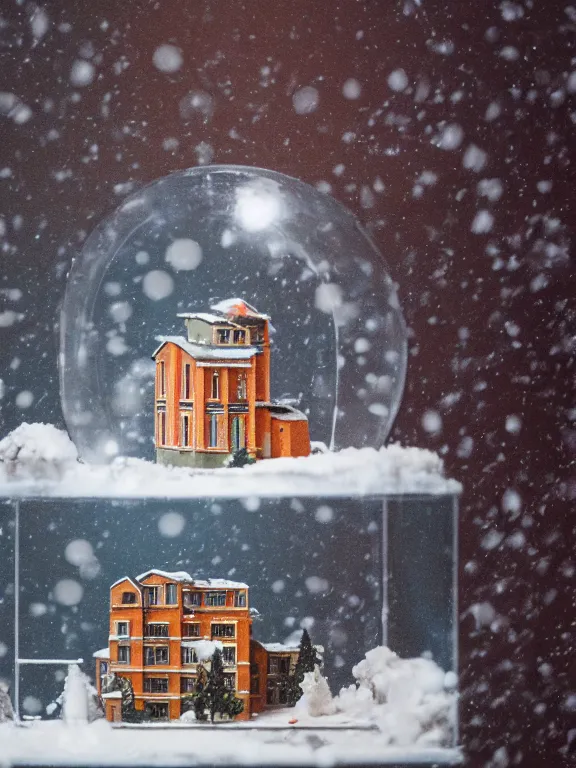 Image similar to small diorama a soviet residential building inside snow globe, lights are on in the windows, cozy atmosphere, fog, cold winter, snowing, streetlamps with orange volumetric light, birches nearby,