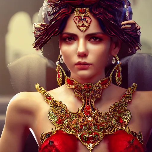 Prompt: photograph of wonderful spanish princess with smooth fair skin, alluring eyes, red jewelry, breathtaking, elegant, ornate, intricate, hyper detailed, accent lighting, dramatic light, 4 k octane render