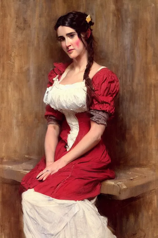 Image similar to painting of Jennifer Connelly by Richard S. Johnson and Solomon Joseph Solomon and Richard Schmid and Jeremy Lipking victorian genre painting full length portrait painting of a young beautiful woman traditional german french barmaid in fantasy costume, red background