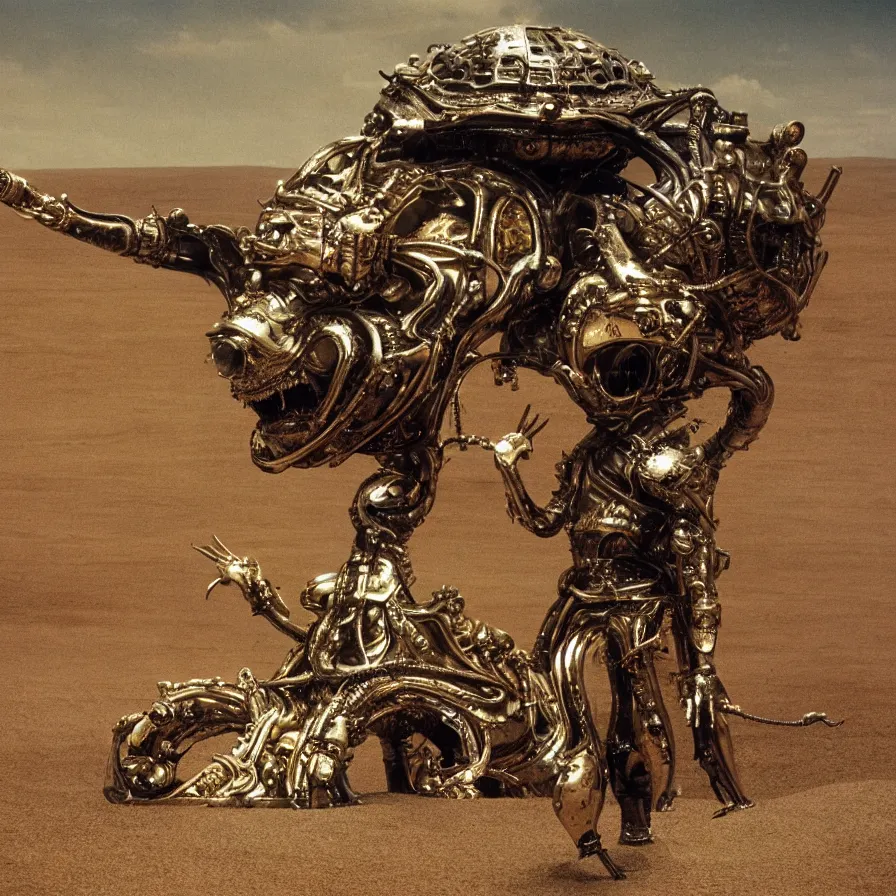 Image similar to salvador dali wearing a golden horned crown and jewels in a dry sand desert landscape, alien spaceship by giger in the landscape, film still from the movie by alejandro jodorowsky with cinematogrophy of christopher doyle and art direction by hans giger, anamorphic lens, kodakchrome, very detailed photo, 8 k