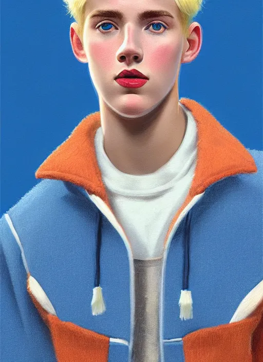 Image similar to portrait of a high school senior boy named moose mason, blonde short hair, jock, beefy, square jaw, square facial structure, 1 9 5 0 s, blue varsity jacket, intricate, elegant, glowing lights, highly detailed, digital painting, artstation, concept art, smooth, sharp focus, illustration, art by wlop, mars ravelo and greg rutkowski