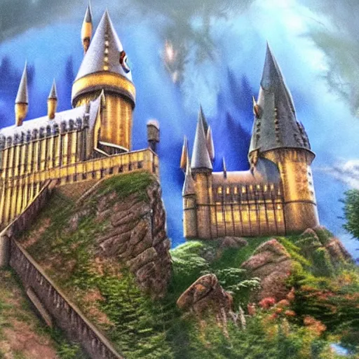 Prompt: hogwarts in the style of thomas kinkade