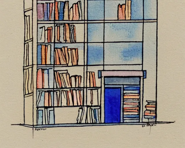 Image similar to small bookstore simple geometric watercolor painting in the style of george barbier