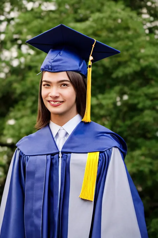 Prompt: a portrait photo of a detailed animatronic human wearing a oxford graduation hat. nikon z 9. 5 0 mm, f / 1. 8 photography. portrait photography. ultra hd, 8 k, graduation photo, sharp