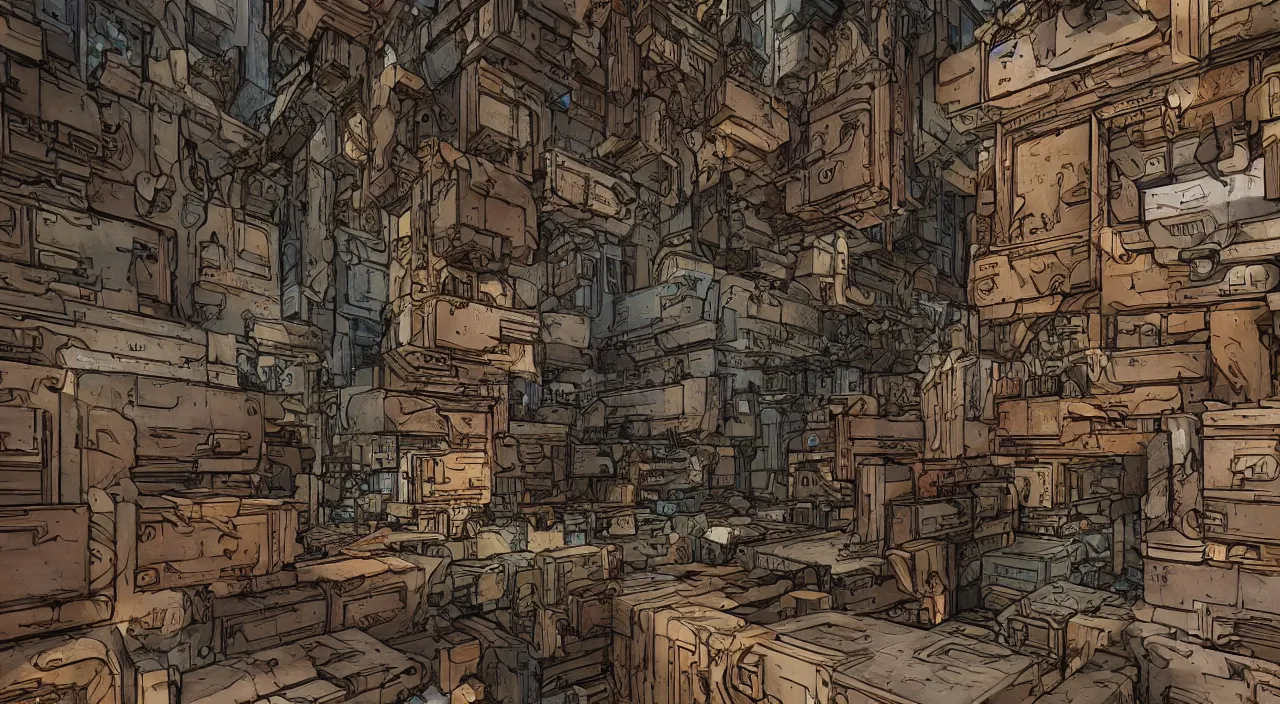 Image similar to wood wall fortress greeble block amazon jungle global illumination ray tracing that looks like it is from borderlands and by feng zhu and loish and laurie greasley, victo ngai, andreas rocha, john harris