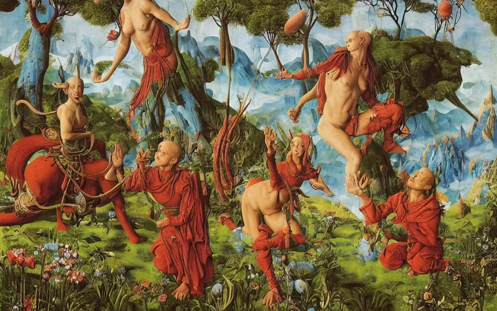 Image similar to a portrait photograph of a meditating elf and a centaur monk riding a rocket machine and hunting at a river delta. surrounded by bulbous flowers and trees. mountain range under a blue sky of fiery stars. by jan van eyck, max ernst, ernst haeckel, ernst fuchs and artgerm, cgsociety, fashion editorial, 8 k