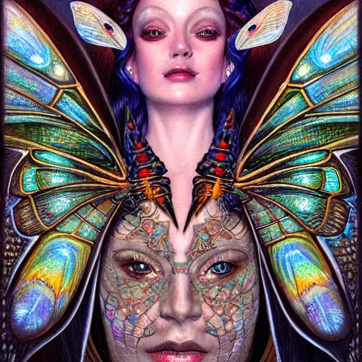 Image similar to beautiful closeup portrait of an art deco fairy queen, glowing eyes. reflective detailed textures, moth wings, highly detailed dark fantasy science fiction painting by donato giancola and diego rivera, elaborate geometric ornament, ancient runes, silver and cool colors. artstation