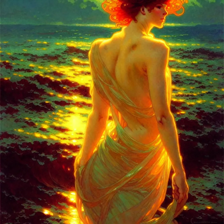 Image similar to sea of glossy liquid honey drops flowing like translucent amber, backlit, sunset, refracted lighting, art by collier, albert aublet, krenz cushart, artem demura, alphonse mucha