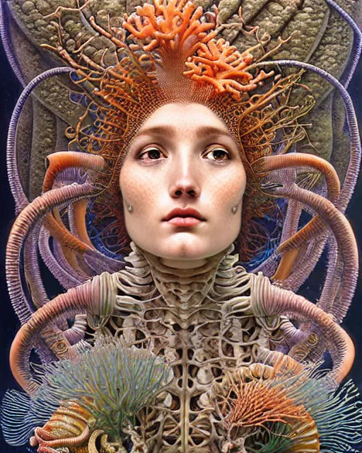 Prompt: hyperrealistic detailed underwater face portrait of the beautiful goddess of the fish skeletons with an intricate headgear of corals, sea kelp, sea plants, fish, starfish, jellyfish, art by ernst haeckel, john william godward, android jones, alphonso mucha, gothic - cyberpunk, ornamental, beautiful deep colours,